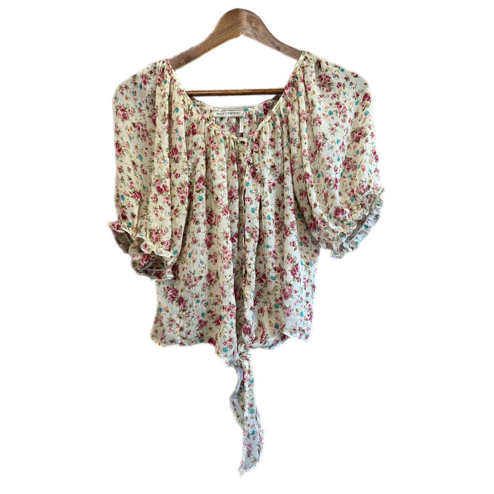Body Central Floral Tie Front Blouse Womens Large Cream Pink Puff Sleeve
